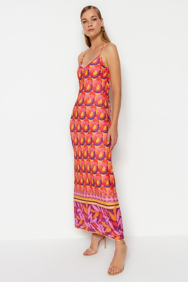 Trendyol Trendyol Orange Printed Special Textured Maxi Length Halter Knitted Dress