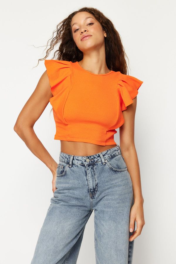 Trendyol Trendyol Orange Sleeves Frilly Ribbed Stretchy Crew Neck Crop Knitted Blouse