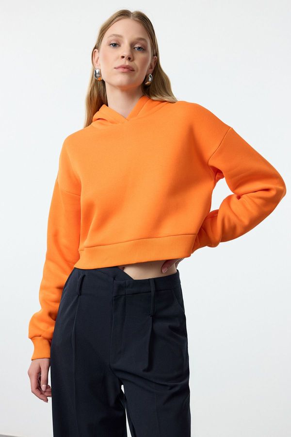 Trendyol Trendyol Orange Thick Fleece Hooded Relaxed Cut Crop Knitted Sweatshirt