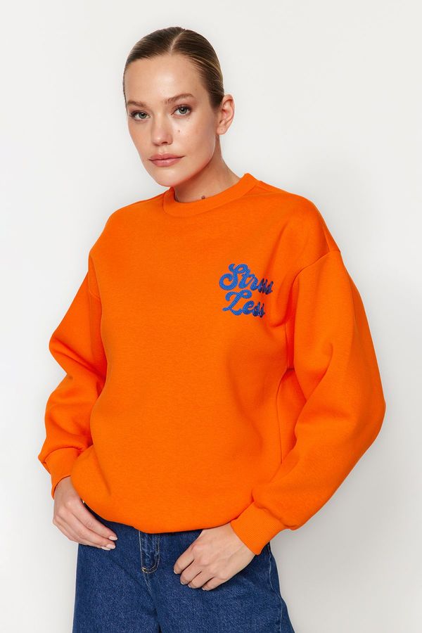 Trendyol Trendyol Orange Thick Inside Polar Slogan Embroidered Regular/Normal Pattern Knitted Sweatshirt
