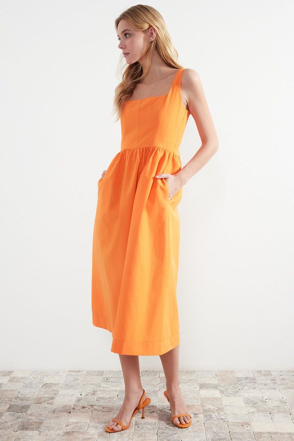Trendyol Trendyol Orange Waist Midi Corset Woven Dress with Sewing Detail