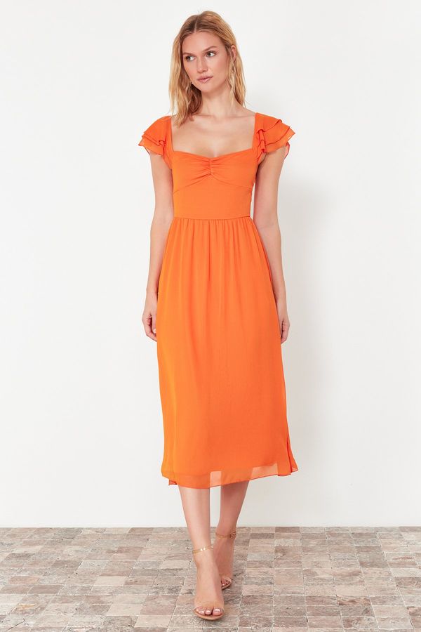 Trendyol Trendyol Orange Waist Opening Chiffon Lined Midi Woven Dress