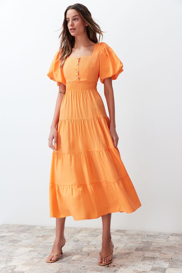 Trendyol Trendyol Orange Waist Opening Gipe and Back Detailed Square Collar Woven Dress