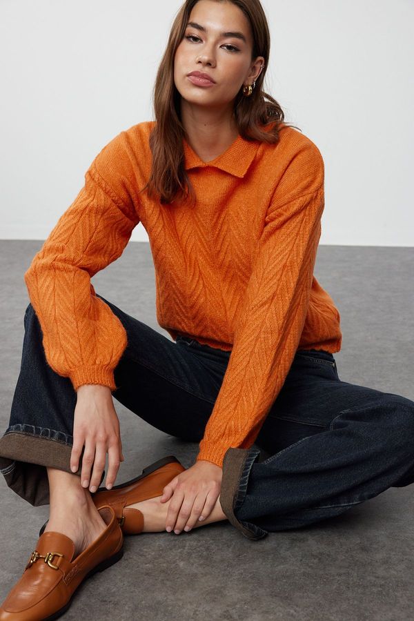 Trendyol Trendyol Orange Wide Fit Soft Textured Hair Braided Knitwear Sweater