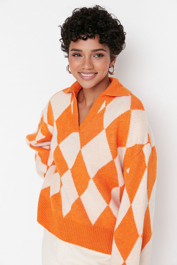 Trendyol Trendyol Orange Wide Fit Soft Textured Patterned Knitwear Sweater