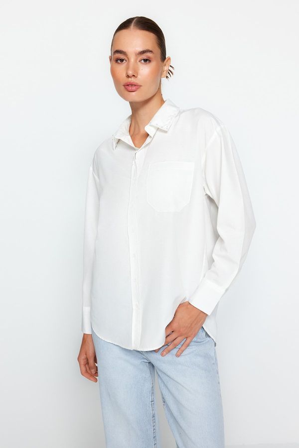 Trendyol Trendyol Oversized/Wide Fit Woven Shirt with Pearl Detail on Ecru Collar