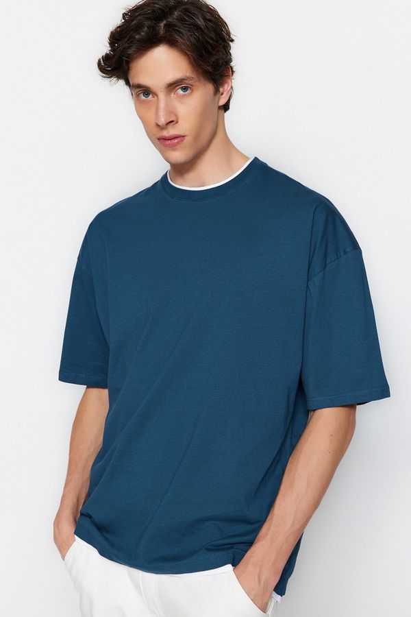 Trendyol Trendyol Oversize/Wide-Fit Short Sleeve Contrast Piece Detail Basic 1 Cotton T-Shirt