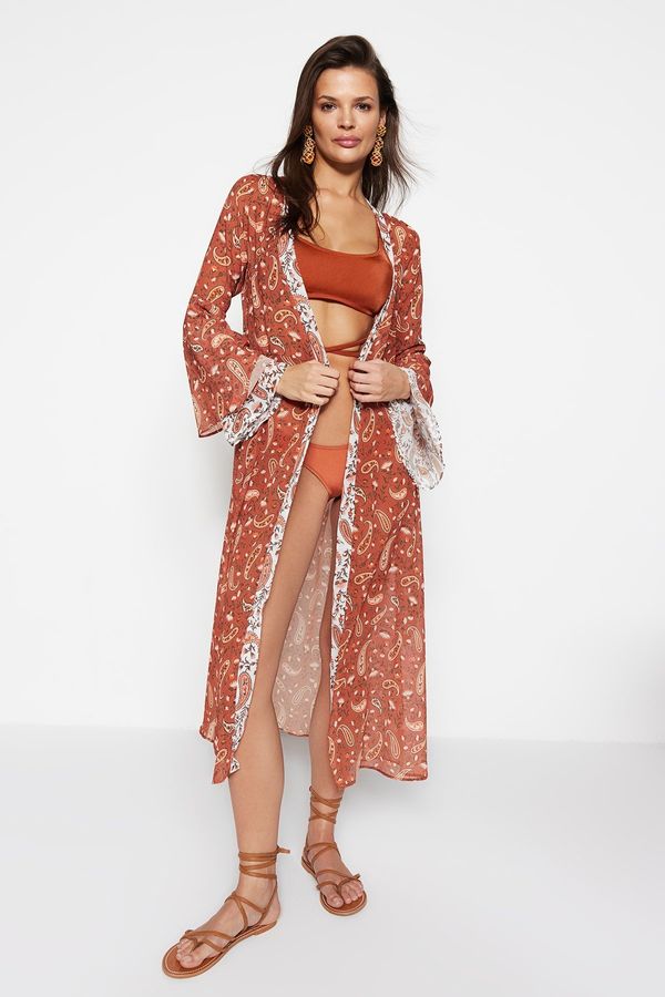 Trendyol Trendyol Paisley Patterned Belted Maxi Woven Kimono & Kaftan with Ruffles