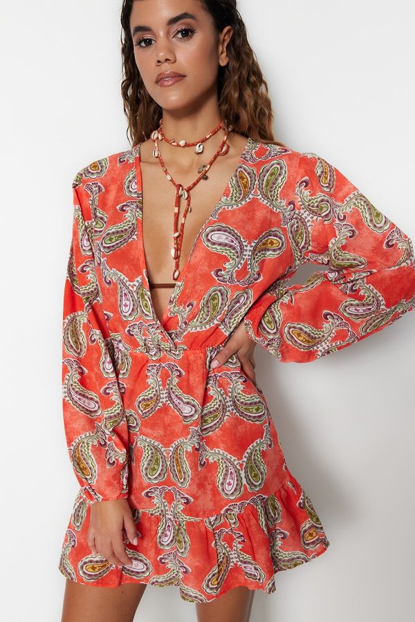 Trendyol Trendyol Paisley Patterned Mini Woven Ruffled 100% Cotton Beach Dress