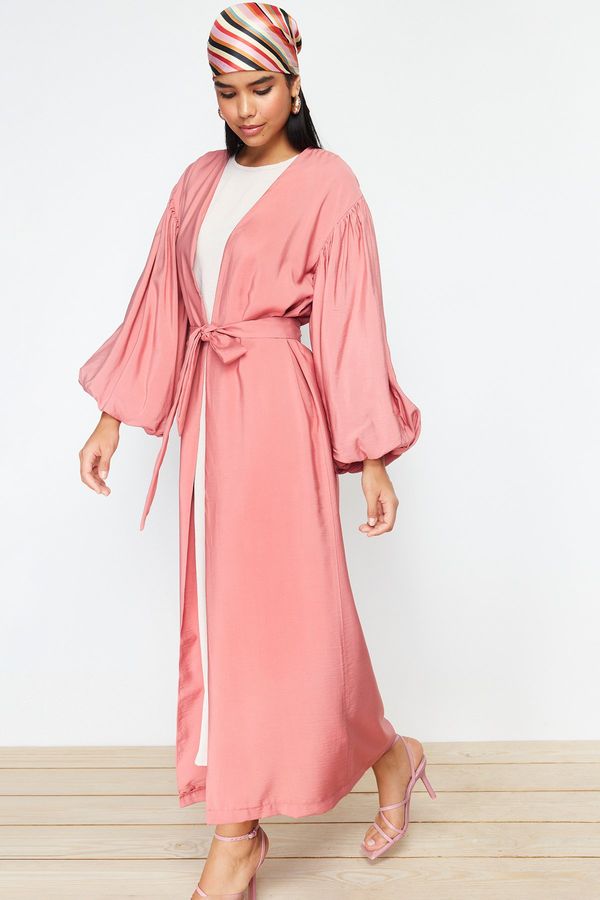 Trendyol Trendyol Pale Pink Belted Long Woven Cap & Abaya & Abaya