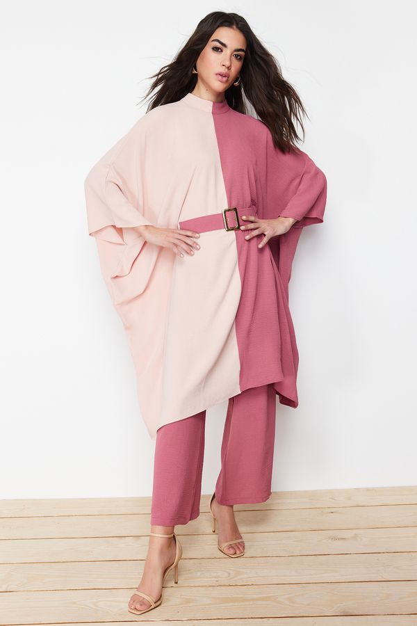 Trendyol Trendyol Pale Pink Color Block Waist Belted Tunic-Pants Woven Suit