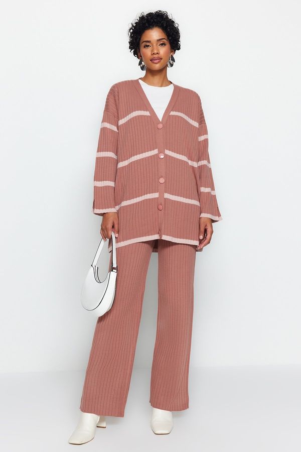 Trendyol Trendyol Pale Pink Roving Knit Knitwear Cardigan-Trousers Bottom-Top Set