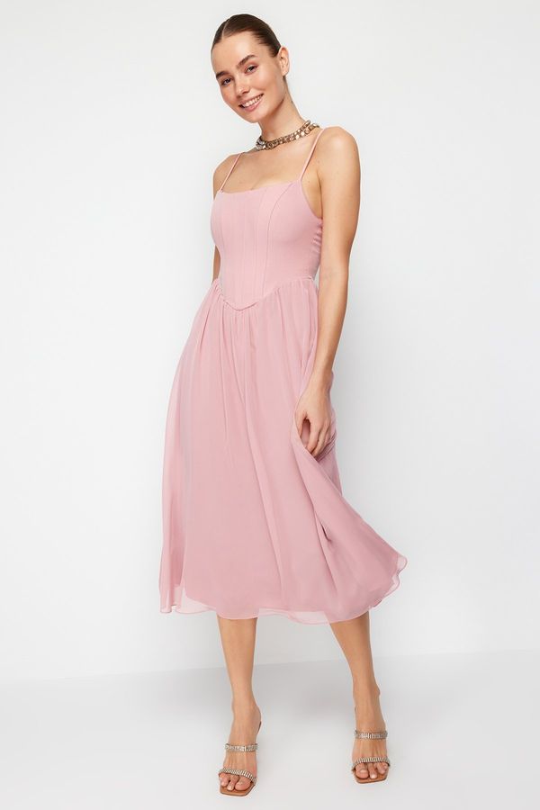 Trendyol Trendyol Pale Pink Waist Opening/Skater Lined Bodice Detailed Tulle Elegant Evening Dress