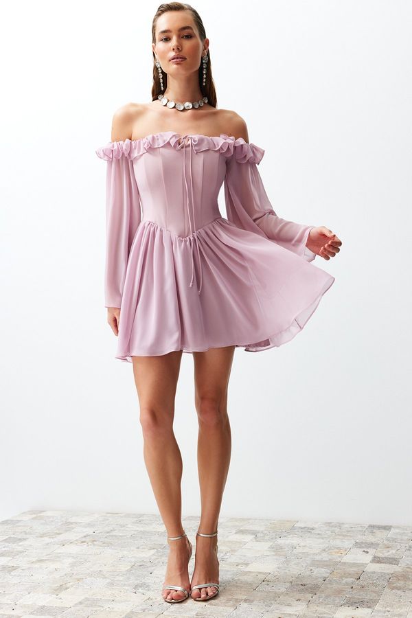 Trendyol Trendyol Pale Pink Waist Opening/Skater Lined Flounce Chiffon Elegant Evening Dress