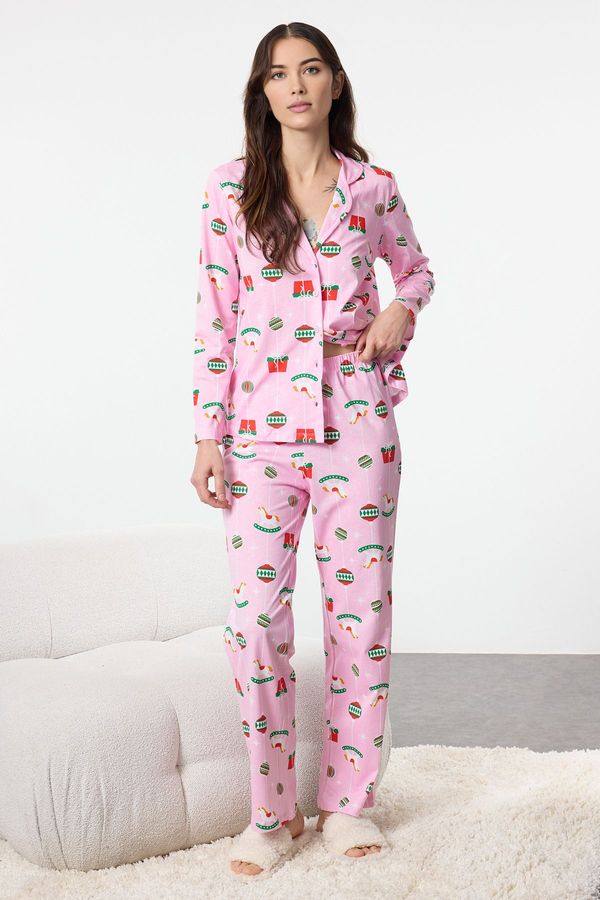 Trendyol Trendyol Pink 100% Cotton Christmas Themed Knitted Pajamas Set