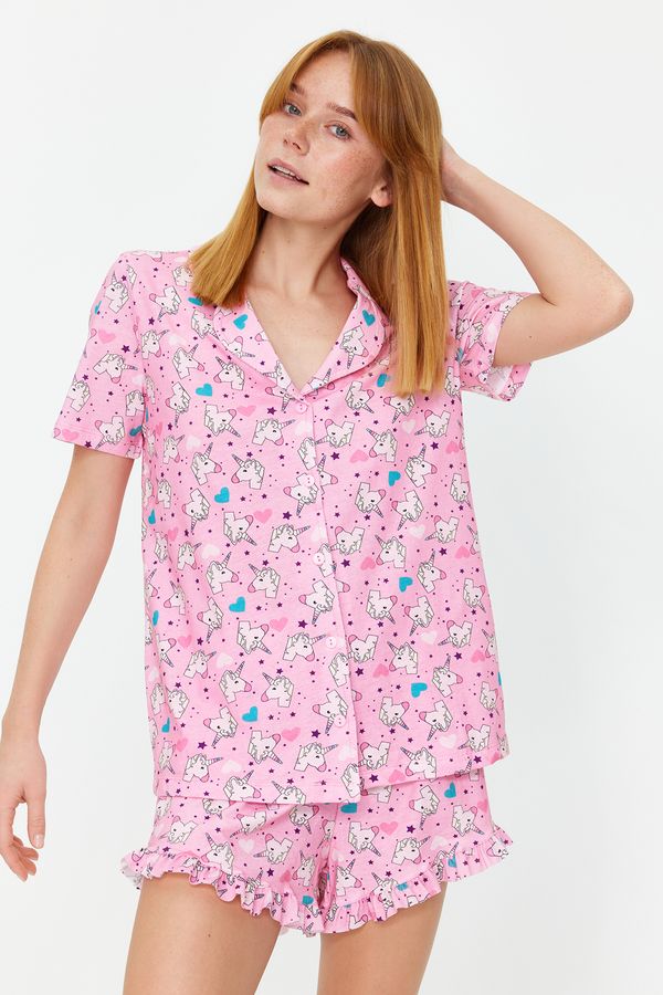 Trendyol Trendyol Pink 100% Cotton Fun Patterned Shirt-Shorts Knitted Pajama Set