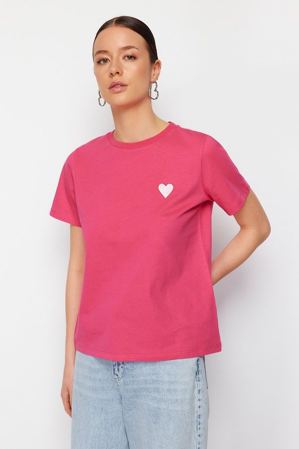 Trendyol Trendyol Pink 100 Cotton Leaf/Glossy Heart Embroidery Regular/Regular Fit Knitted T-Shirt