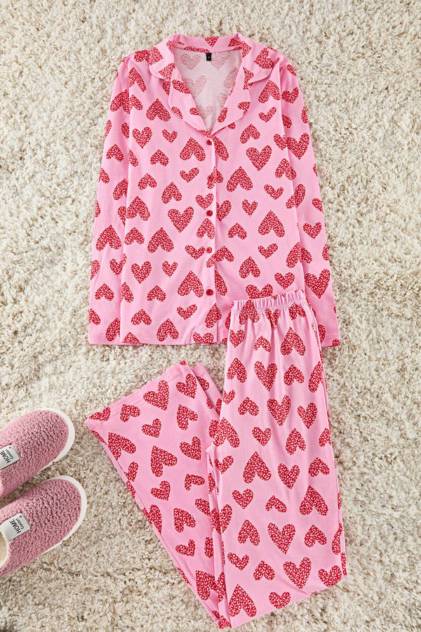 Trendyol Trendyol Pink 100% Cotton Leopard Heart Patterned Shirt Pants Knitted Pajama Set