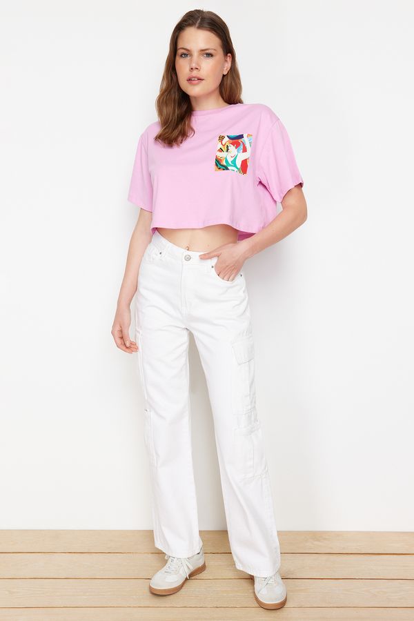 Trendyol Trendyol Pink 100% Cotton Printed Relaxed/Wide Relaxed Cut Crop Knitted T-Shirt