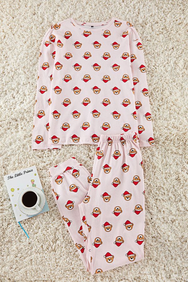 Trendyol Trendyol Pink 100% Cotton Teddy Bear Patterned Christmas Themed Knitted Pajama Set