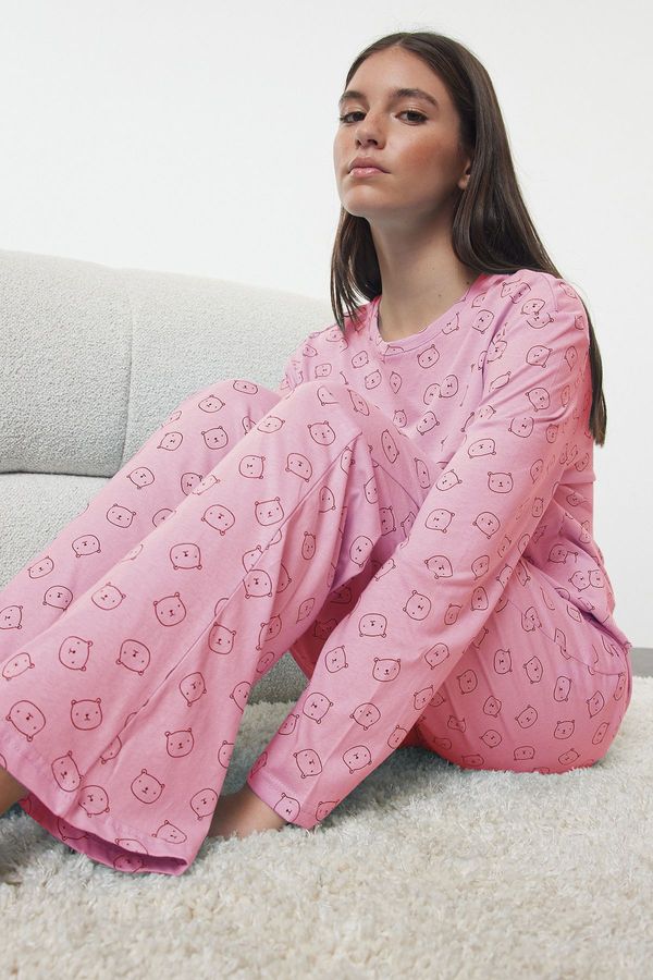 Trendyol Trendyol Pink 100% Cotton Teddy Bear Patterned Knitted Pajama Set