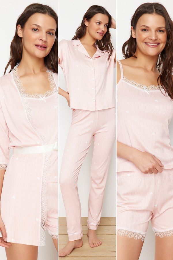 Trendyol Trendyol Pink 5-Pack Heart Ribbed Ribbon/Bow Detailed Knitted Pajama Set