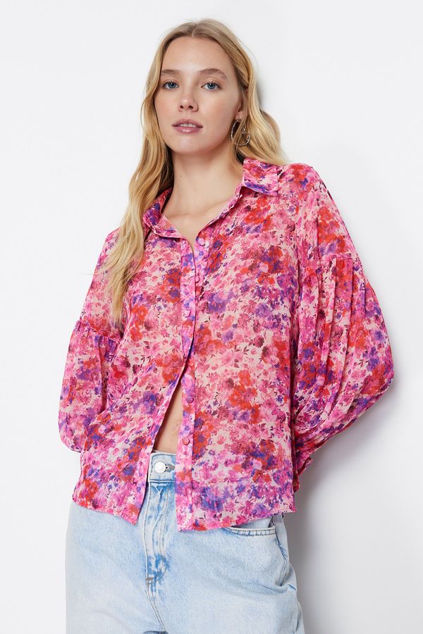 Trendyol Trendyol Pink Balloon Sleeve Floral Patterned Chiffon Fabric Oversize Wide Fit Woven Shirt