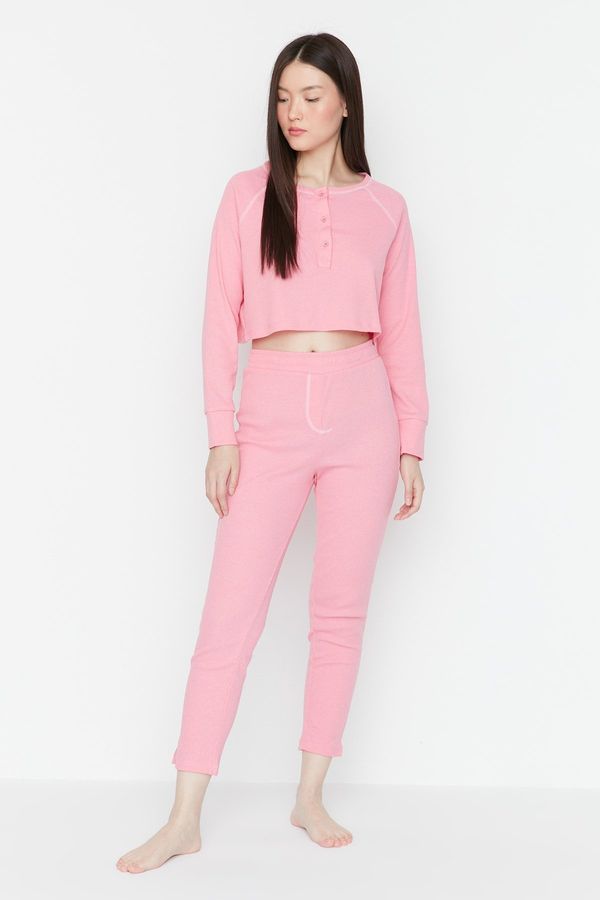 Trendyol Trendyol Pink Button Detailed Crop Corduroy Pajamas Set