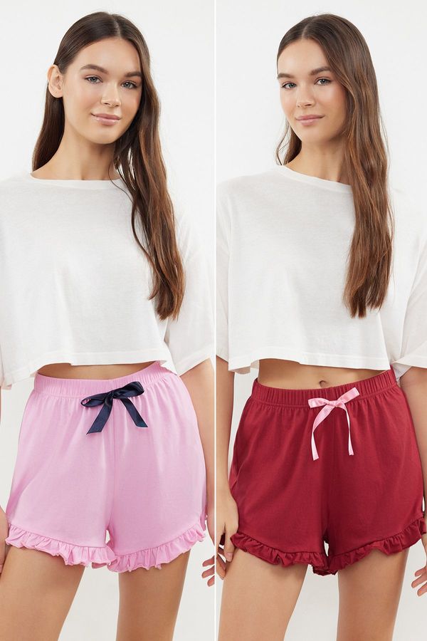 Trendyol Trendyol Pink-Claret Red 2 Pack 100% Cotton Ribbon/Bow Detailed Knitted Pajama Bottoms