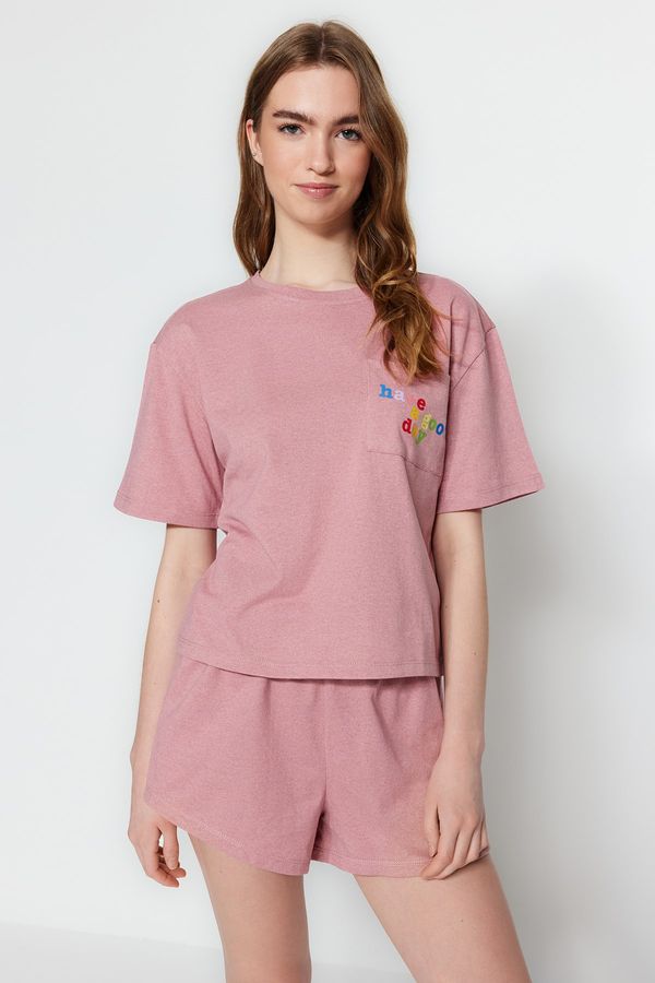 Trendyol Trendyol Pink Cotton Slogan Printed T-shirt-Shorts Knitted Pajama Set