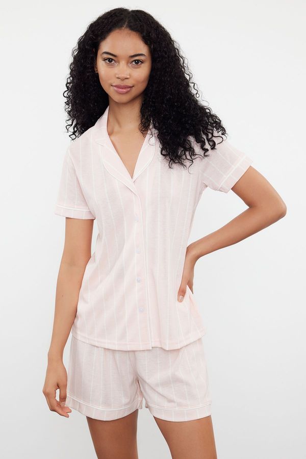 Trendyol Trendyol Pink Cotton Striped and Piping Knitted Pajama Set