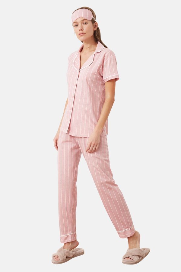 Trendyol Trendyol Pink Cotton Striped Piping Detailed Sleep Tape Knitted Pajamas Set