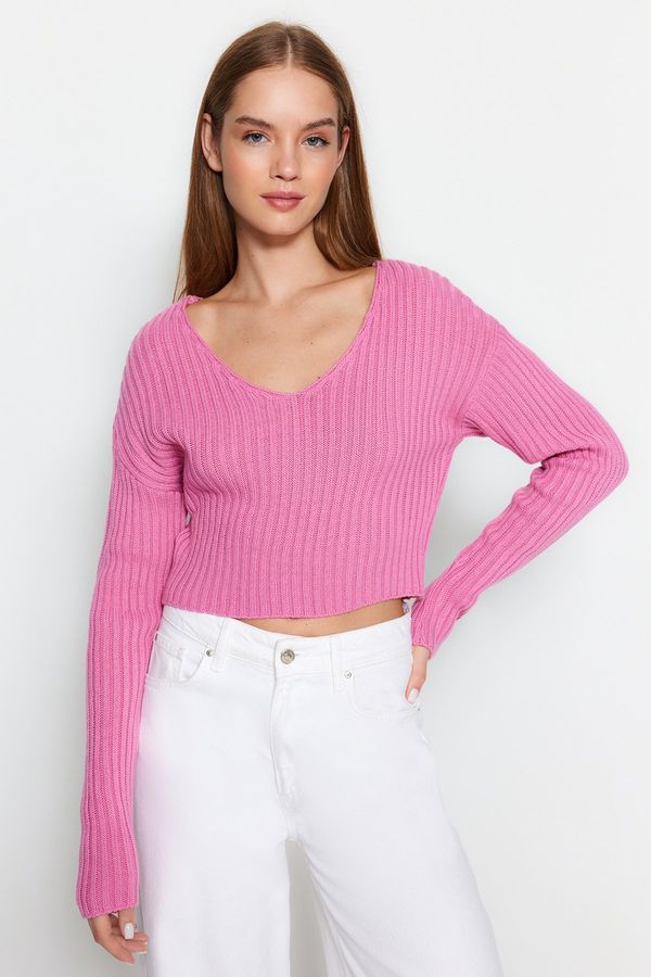 Trendyol Trendyol Pink Crop Basic V-Neck Knitwear Sweater