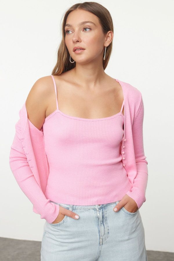 Trendyol Trendyol Pink Crop Blouse-Cardigan Set Thin Knitted Cardigan