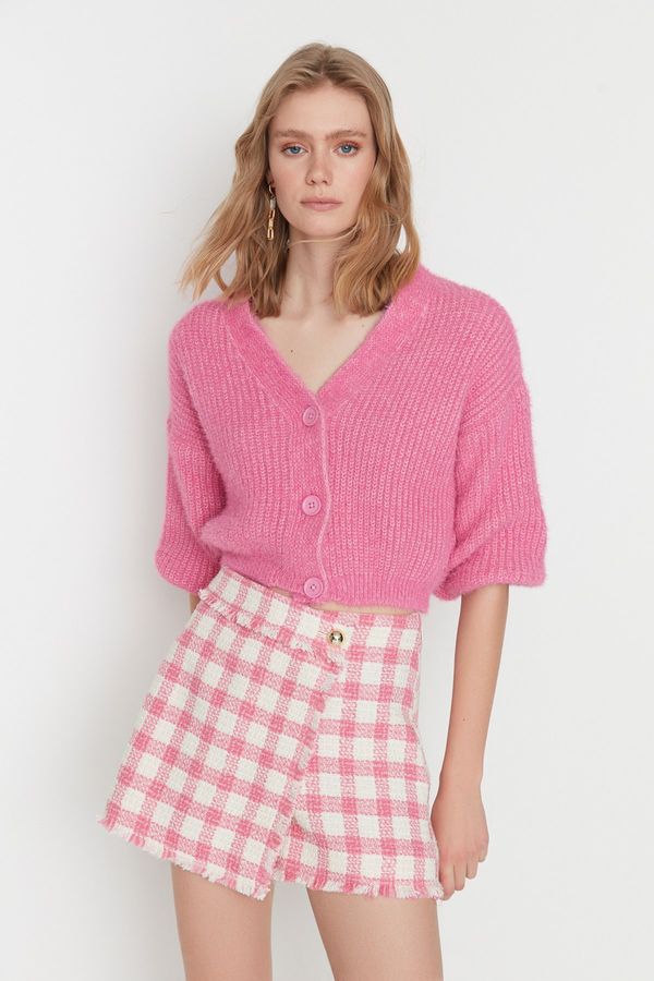 Trendyol Trendyol Pink Crop Fuzzy/Beard Yarn Knitwear Cardigan