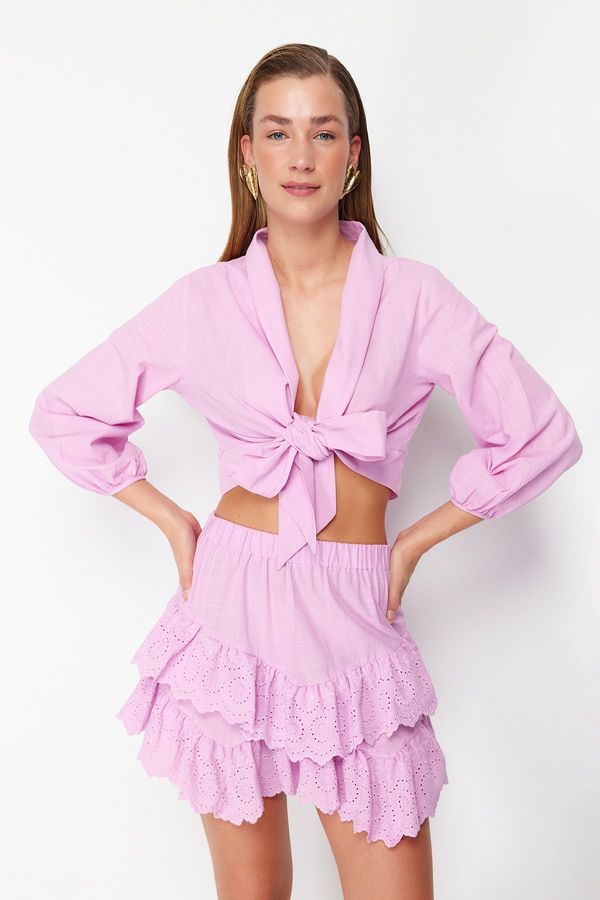 Trendyol Trendyol Pink Crop Woven Tie Blouse