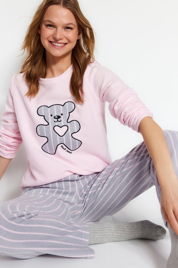 Trendyol Trendyol Pink Fleece Teddy Bear Printed Striped Tshirt-Pants Knitted Pajamas Set