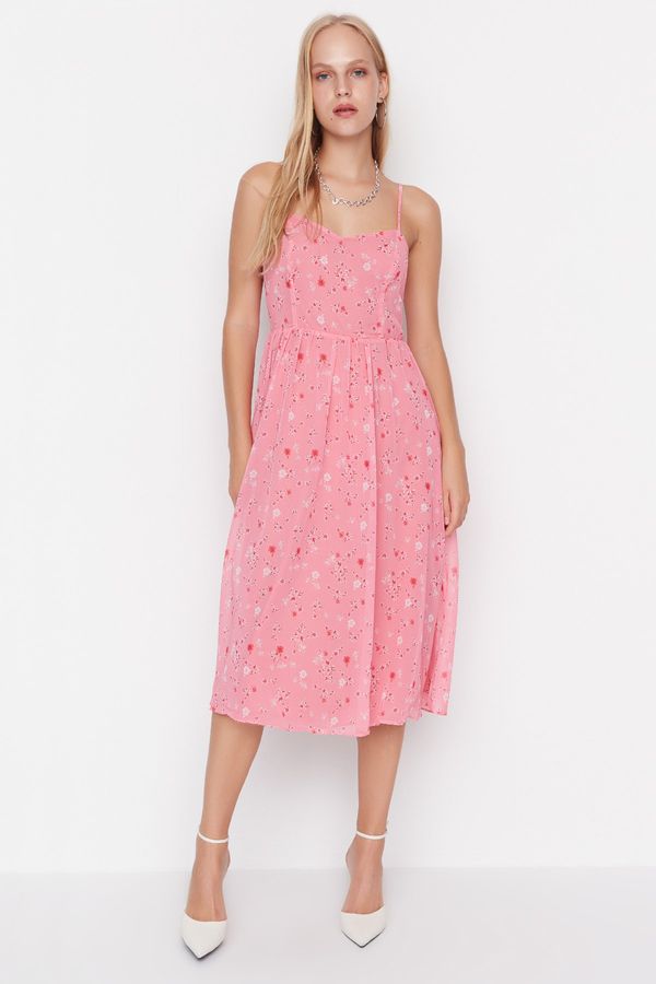 Trendyol Trendyol Pink Floral Chiffon Skater/Waist Opening Strap Midi Lined Woven Dress