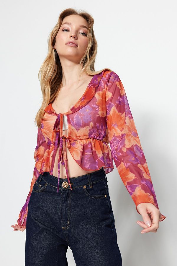 Trendyol Trendyol Pink Floral Pattern Tie and Ruffle Detail Crop Flexible Tulle Knitted Blouse