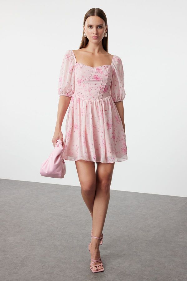 Trendyol Trendyol Pink Floral Patterned Mini Woven Dress with Corset Detailed Skirt Opening at the Waist