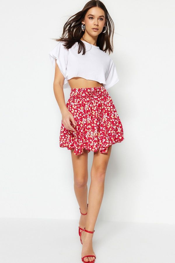 Trendyol Trendyol Pink Floral Patterned Skirt With Ruffles, Normal Waist, Mini Crepe Knitted Skirt