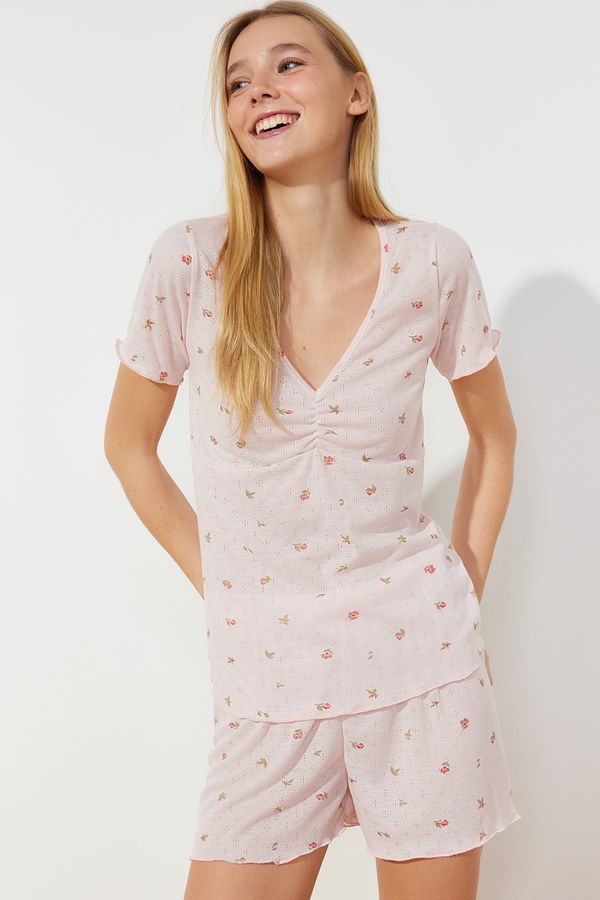 Trendyol Trendyol Pink Floral Pointel Openwork/Perforated Knitted Pajamas Set