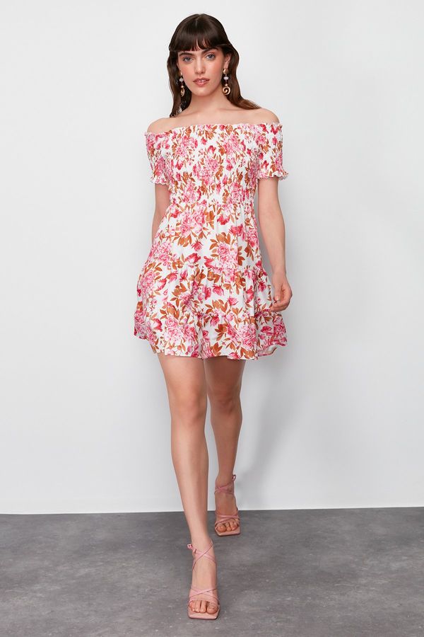 Trendyol Trendyol Pink Floral Print Skirt Waist Opening Gipe Detailed Woven Mini Dress