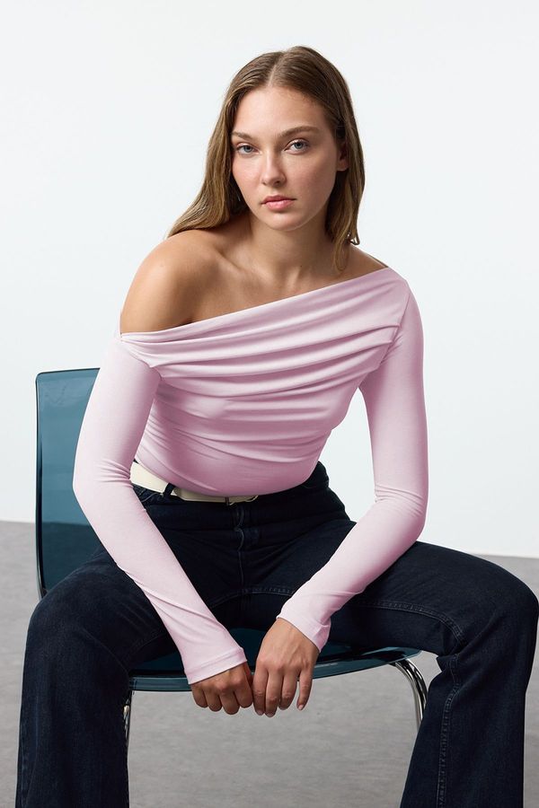 Trendyol Trendyol Pink Gathered/Draped Detailed Fitted/Fits the Body Long Sleeve Flexible Knitted Blouse