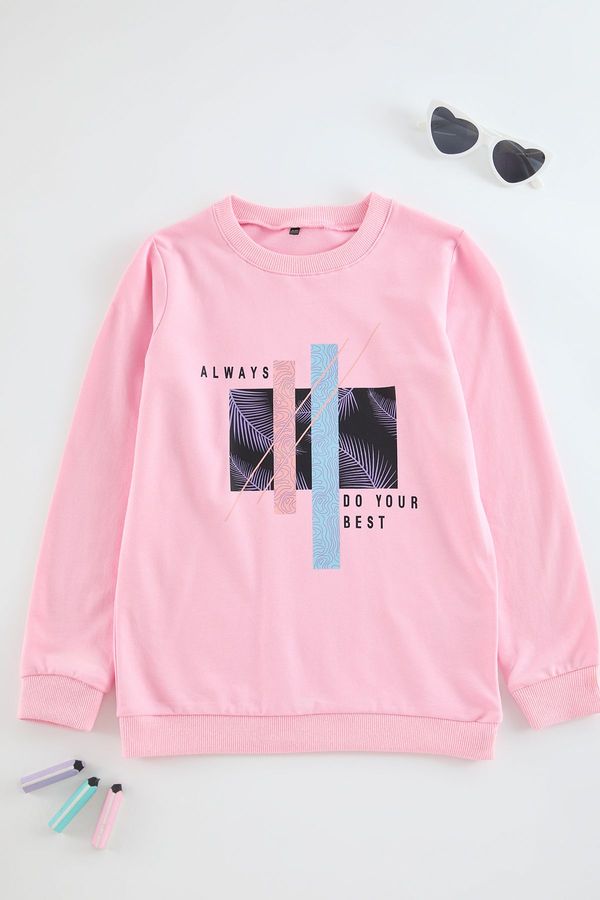 Trendyol Trendyol Pink Girl Printed Crew Neck Cotton Knitted Sweatshirt