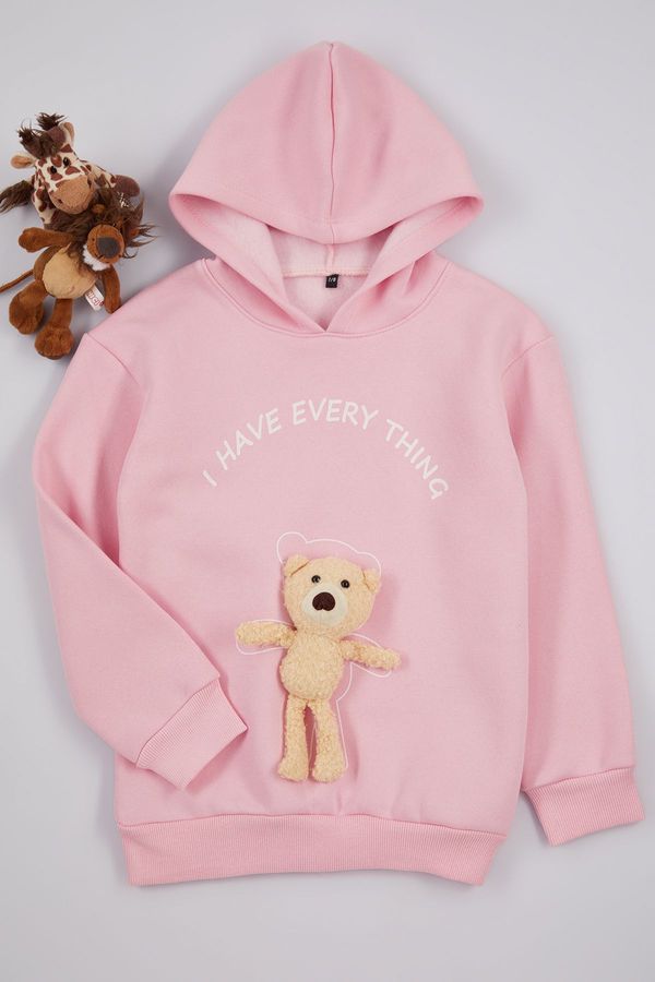 Trendyol Trendyol Pink Girl's Teddy Bear Hooded Knitted Sweatshirt