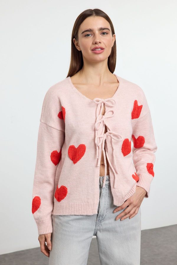 Trendyol Trendyol Pink Heart Patterned Tie Detailed Knitwear Cardigan