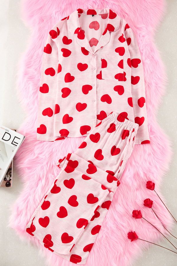 Trendyol Trendyol Pink Heart Viscose Woven Pajama Set