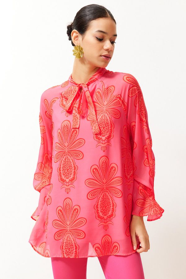 Trendyol Trendyol Pink Lined Chiffon Patterned Woven Tunic