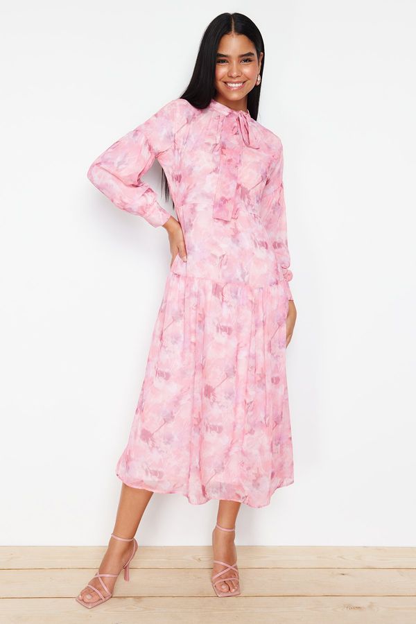 Trendyol Trendyol Pink Lined Floral Pattern Belted Woven Dress